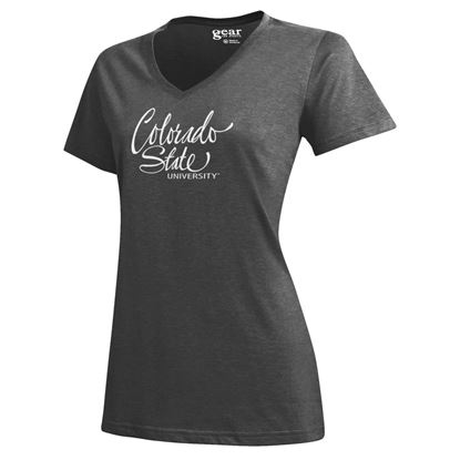 Grey Colorado State University Script V-Neck Gear Tee